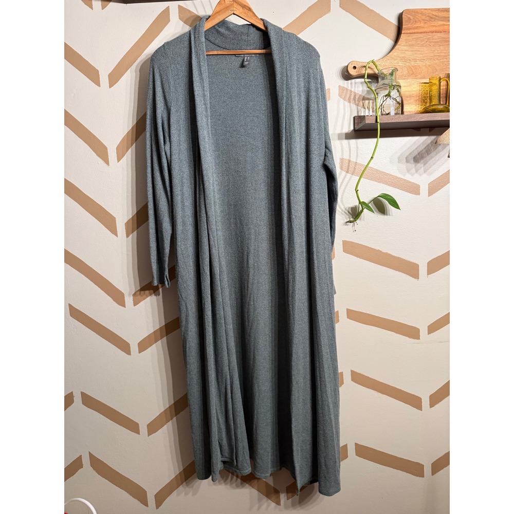 Lisa Rinna Collection Duster Women Size M Green Ribbed Long Open Front Cardigan